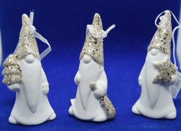 3 x Nikolaus Porzellan weiß + Silber - Goldglitzer z. Hängen
